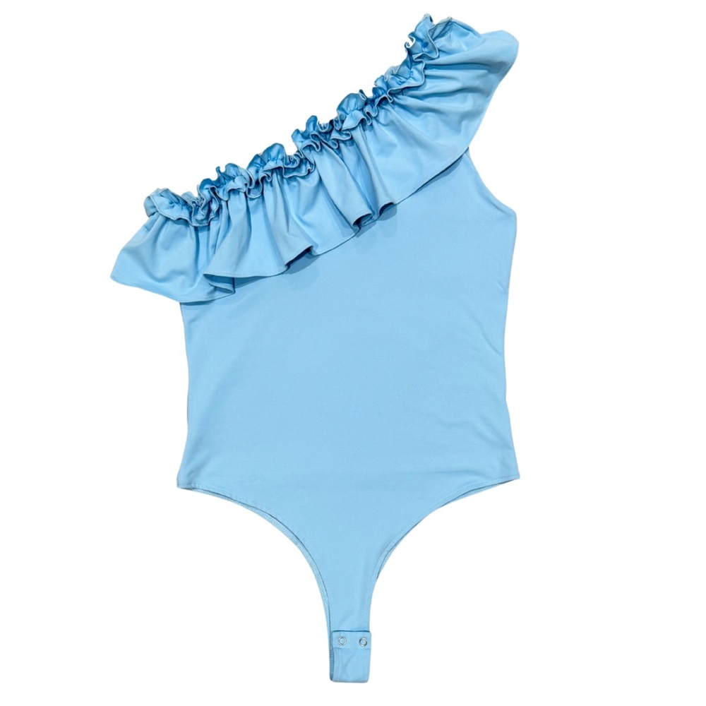 NWOT ReoRia Baby Blue One-Shoulder Bodysuit with Ruffle Trim (L)